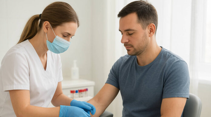 Mężczyzna podczas pobierania krwi w kontekście choroby WZW C