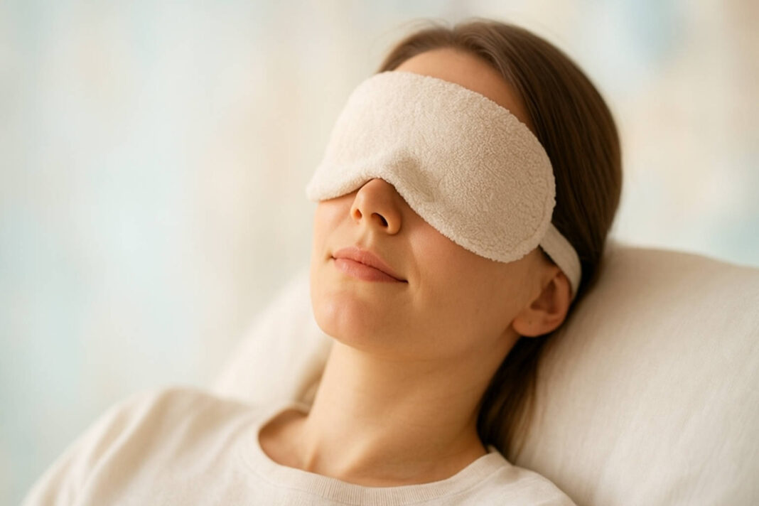 zapalenie-spojowek Kobieta odpoczywająca z opaską na oczy, cierpiąca na zapalenie spojówek