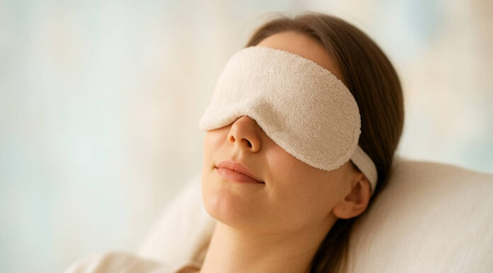 Kobieta odpoczywająca z opaską na oczy, cierpiąca na zapalenie spojówek