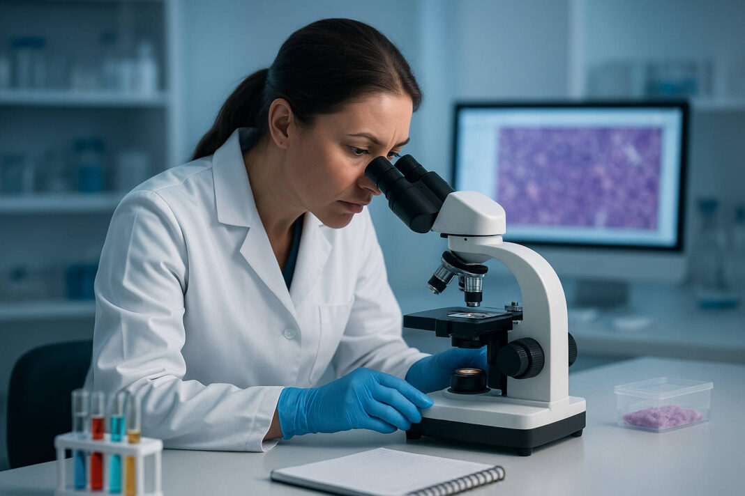 Laborantka wykonująca badanie histopatologiczne