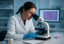Laborantka wykonująca badanie histopatologiczne