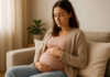 Kobieta w ciąży siedząca na kanapie i trzymająca się za brzuch. Możliwy ból brzucha