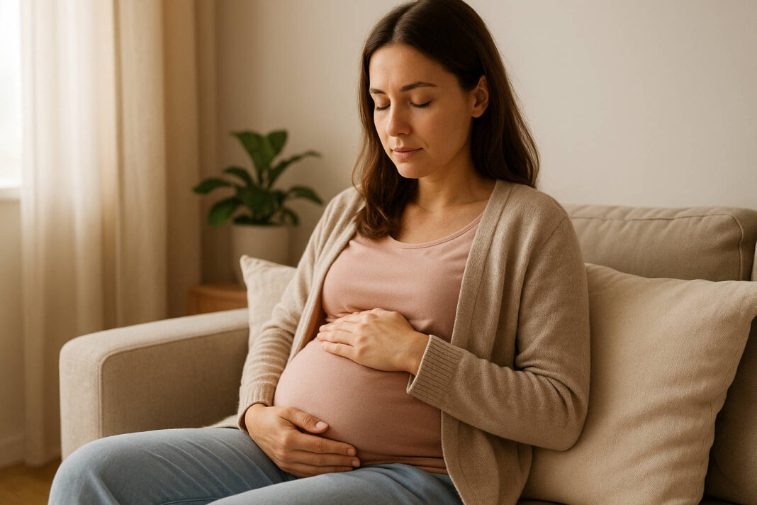 Kobieta w ciąży siedząca na kanapie i trzymająca się za brzuch. Możliwy ból brzucha
