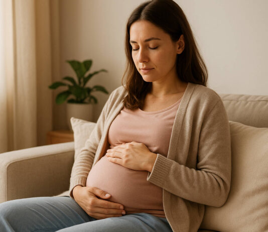 Kobieta w ciąży siedząca na kanapie i trzymająca się za brzuch. Możliwy ból brzucha