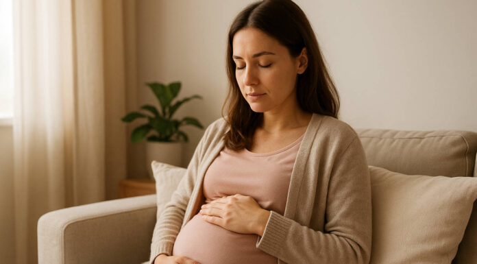 Kobieta w ciąży siedząca na kanapie i trzymająca się za brzuch. Możliwy ból brzucha