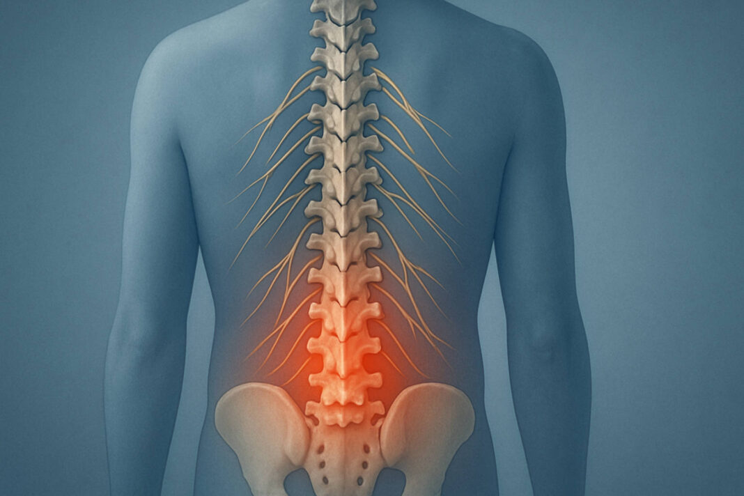 Zaznaczony odcinek lędźwiowy kręgosłupa w kontekście bólu korzonków