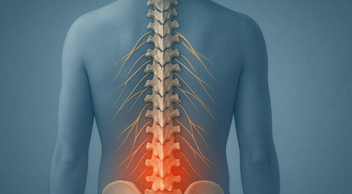 Zaznaczony odcinek lędźwiowy kręgosłupa w kontekście bólu korzonków