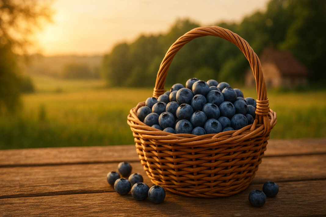 Borówka amerykańska w koszyku na stole na wsi