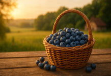 Borówka amerykańska w koszyku na stole na wsi