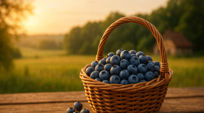 Borówka amerykańska w koszyku na stole na wsi