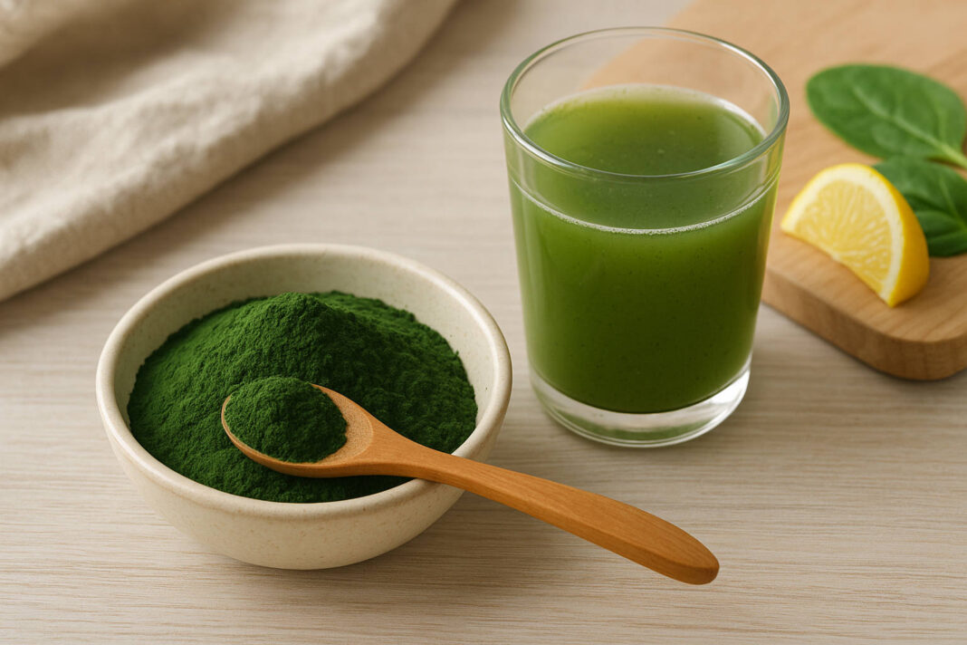 chlorella Sproszkowana chlorella w miseczce oraz zielony koktajl zdrowotny na stole