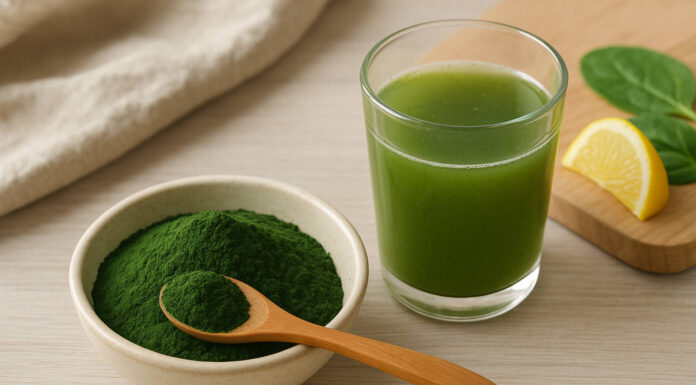 Sproszkowana chlorella w miseczce oraz zielony koktajl zdrowotny na stole