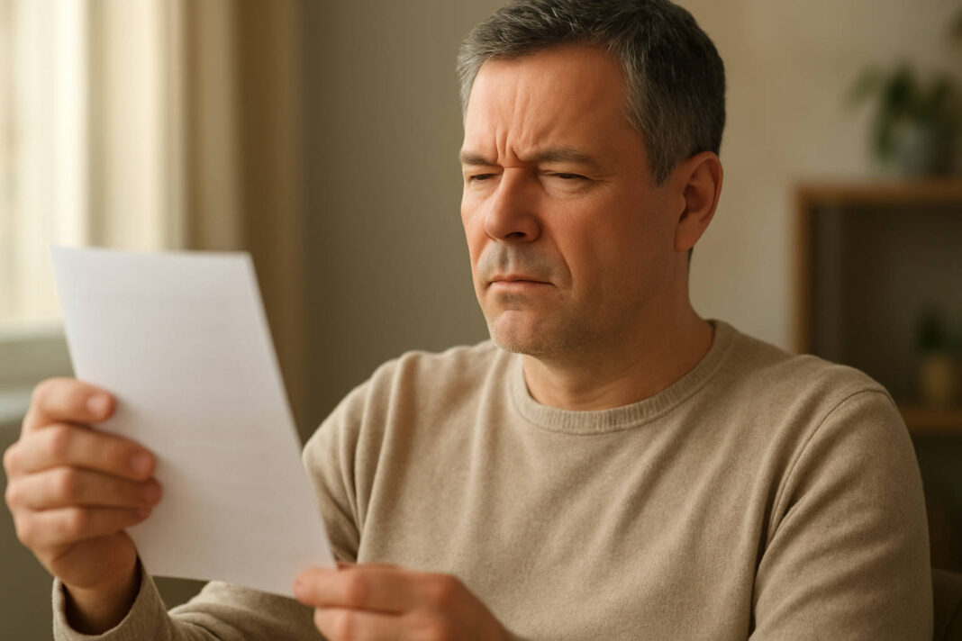 Mężczyzna próbujący odczytać tekst, skupia wzrok bo ma Dalekowzroczność