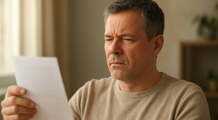 Mężczyzna próbujący odczytać tekst, skupia wzrok bo ma Dalekowzroczność