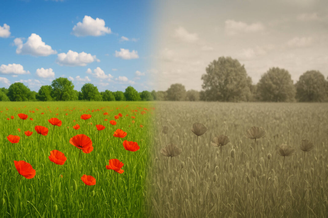 Obraz podzielony na kolorowy i bez kolorów, jak przy daltonizmie