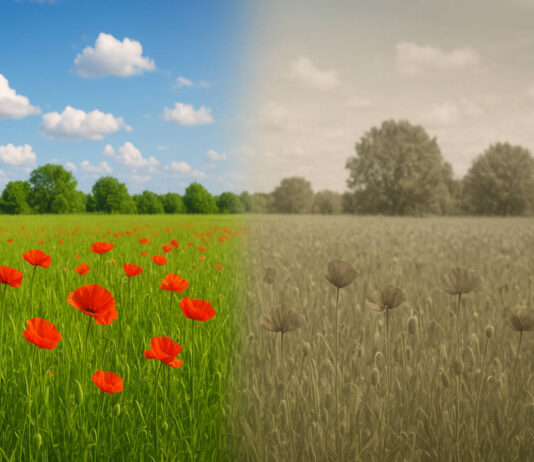 Obraz podzielony na kolorowy i bez kolorów, jak przy daltonizmie