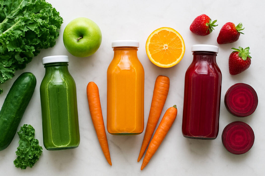 Warzywa, owoce i wyciśnięte do plastikowych buteleczek soki, ułożone w komozycję na stole