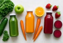 Warzywa, owoce i wyciśnięte do plastikowych buteleczek soki, ułożone w komozycję na stole