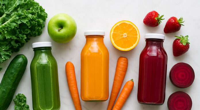 Warzywa, owoce i wyciśnięte do plastikowych buteleczek soki, ułożone w komozycję na stole