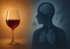 Ilustracja efektów picia alkoholu, kieliszek wina i sylwetka człowieka