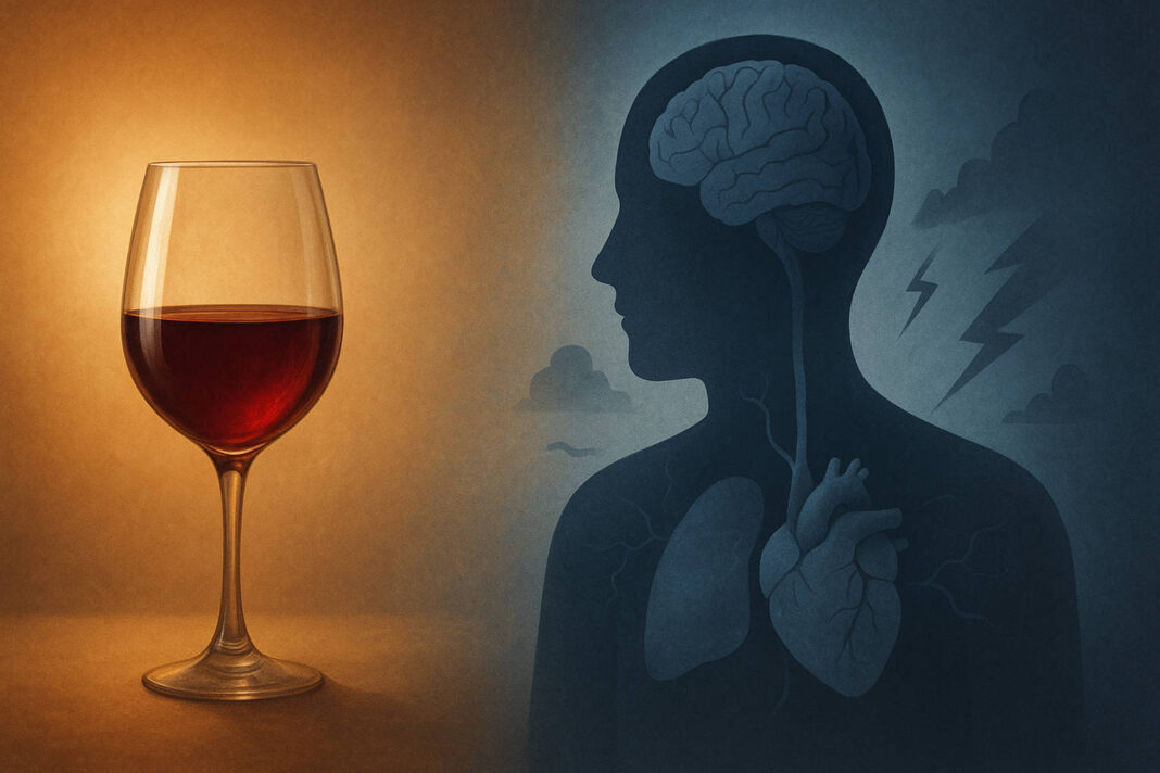 Ilustracja efektów picia alkoholu, kieliszek wina i sylwetka człowieka