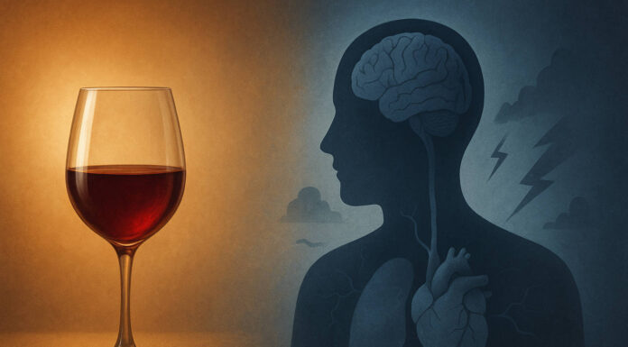 Ilustracja efektów picia alkoholu, kieliszek wina i sylwetka człowieka