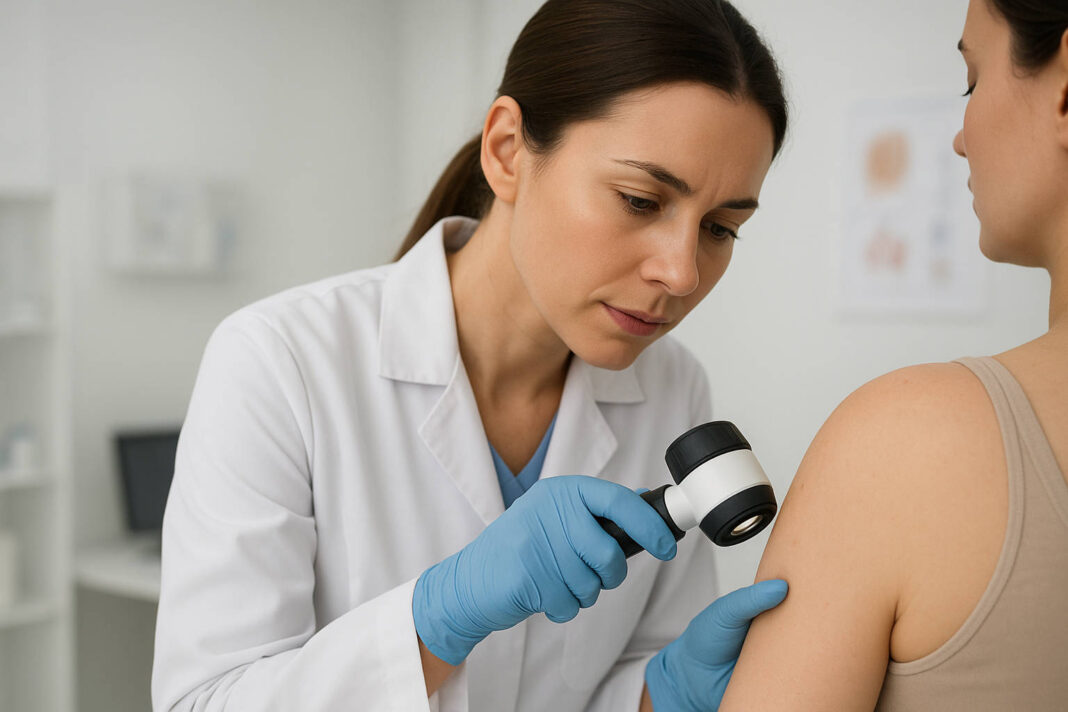 Dermatolog oglądający skórę podczas badania, poszukiwanie kaszaków