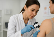 Dermatolog oglądający skórę podczas badania, poszukiwanie kaszaków