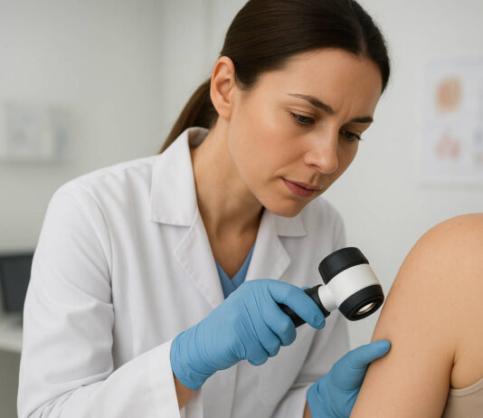 Dermatolog oglądający skórę podczas badania, poszukiwanie kaszaków