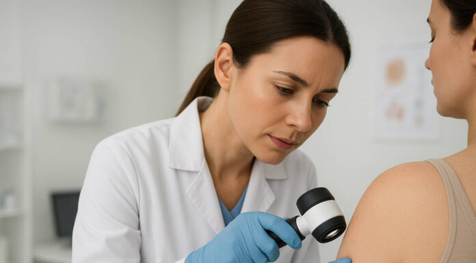 Dermatolog oglądający skórę podczas badania, poszukiwanie kaszaków