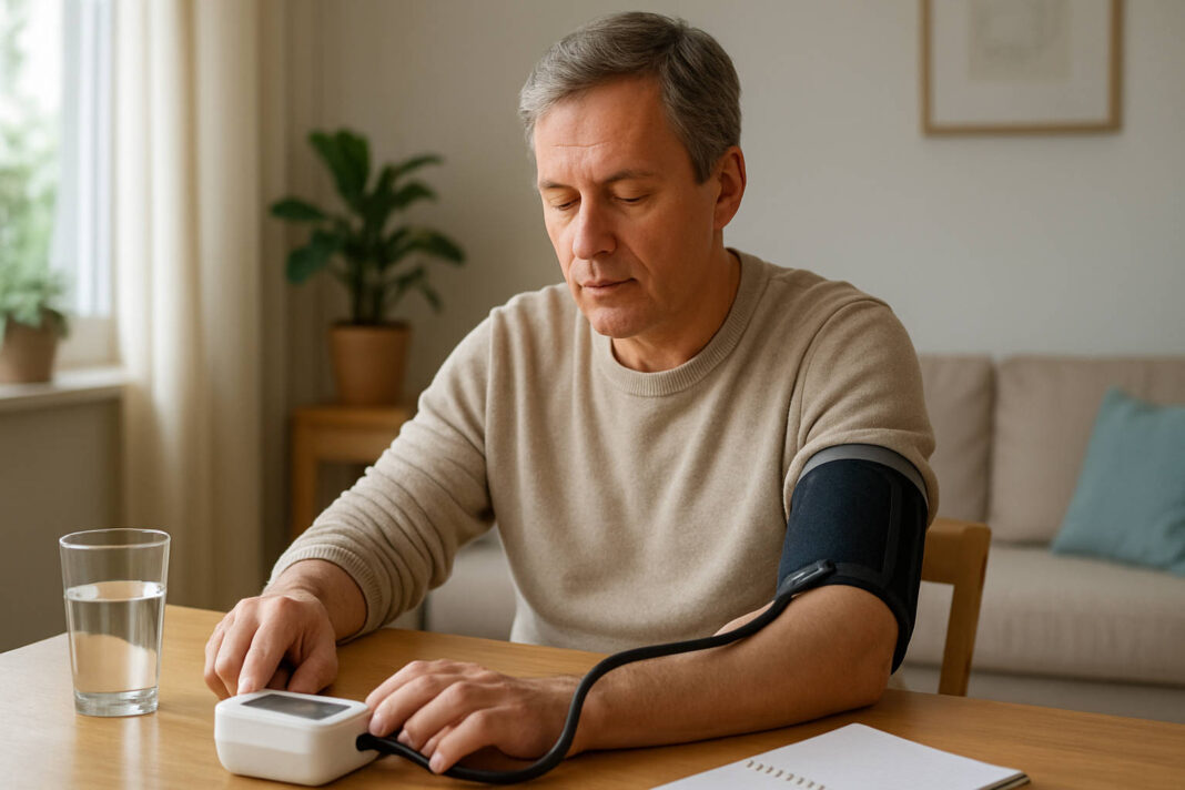Mężczyzna po 50. mierzący ciśnienie w domu