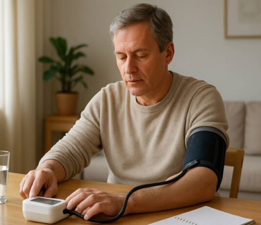 Mężczyzna po 50. mierzący ciśnienie w domu