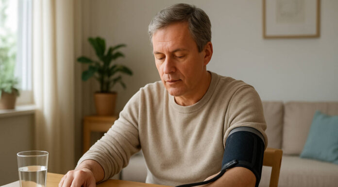 Mężczyzna po 50. mierzący ciśnienie w domu