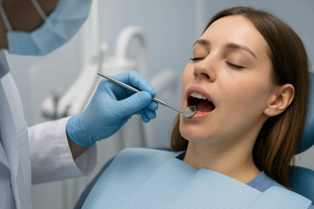 Kobieta podczas wizyty u stomatologa - badanie krwawiących dziąseł