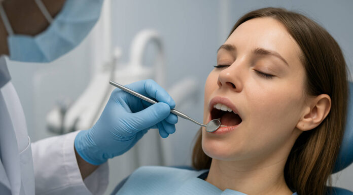 Kobieta podczas wizyty u stomatologa - badanie krwawiących dziąseł