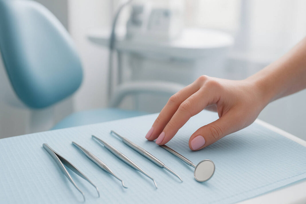 Kobieta sięgająca po narzędzia stomatologiczne