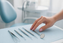 Kobieta sięgająca po narzędzia stomatologiczne