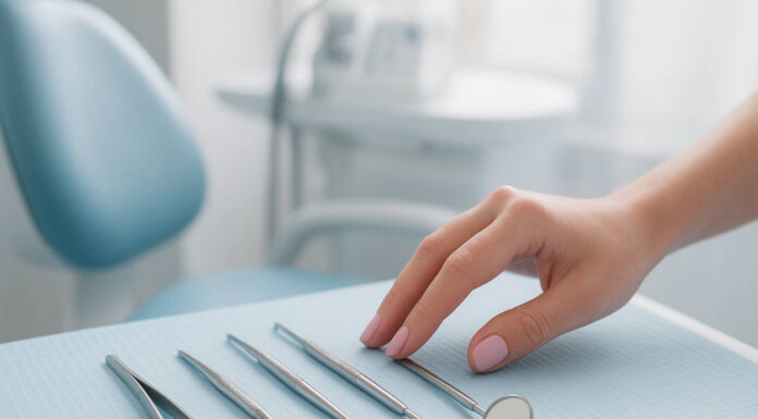 Kobieta sięgająca po narzędzia stomatologiczne