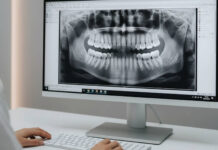 Stomatolog przeglądający na komputerze pantomogram zębów