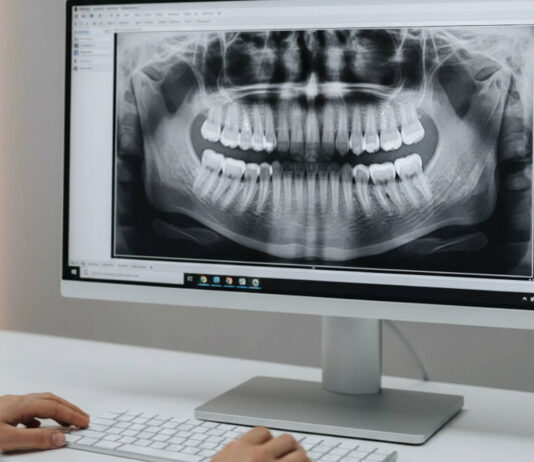 Stomatolog przeglądający na komputerze pantomogram zębów