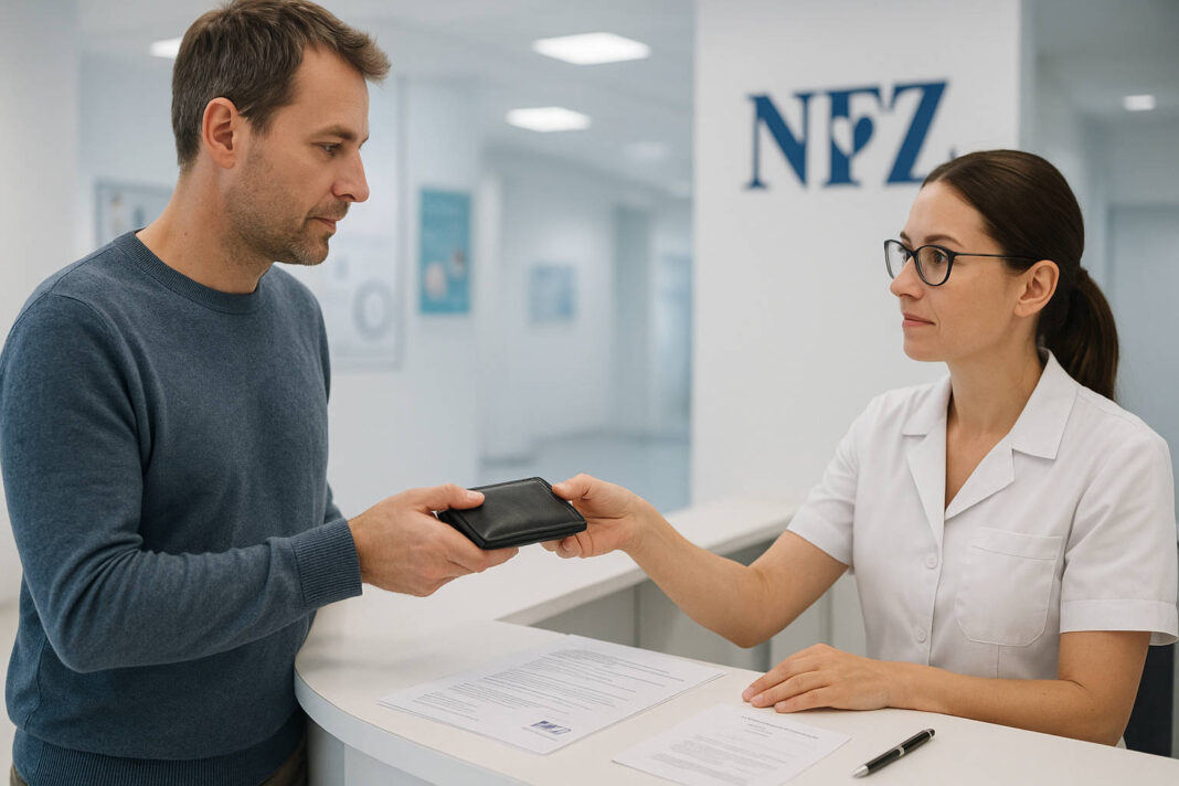 Mężcztzna z portfelem w placówce NFZ, w kontekście stawek w nowym roku