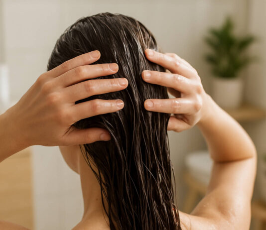 Kobieta pielęgnująca włosy i skórę głowy w kontekście swędzenia