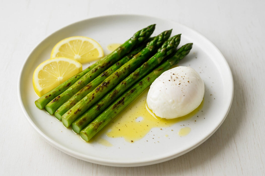 Talerz z grillowanymi szparagami na maśle, z jajkiem i plasterkami cytryny