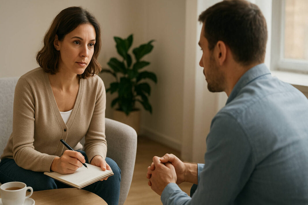 Mężczyzna podczas wizyty u psychologa na terapii poznawczo-behawioralnej