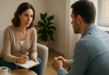 Mężczyzna podczas wizyty u psychologa na terapii poznawczo-behawioralnej