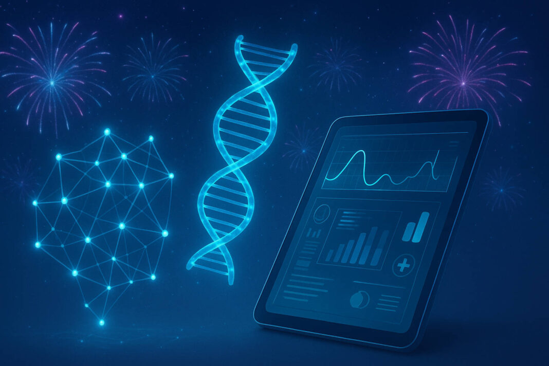 DNA, dane na tle fajerwerków, metafora trendów w zdrowiu i farmacji na nowy rok