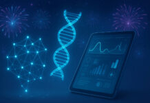 DNA, dane na tle fajerwerków, metafora trendów w zdrowiu i farmacji na nowy rok