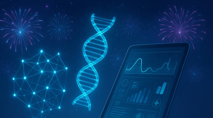 DNA, dane na tle fajerwerków, metafora trendów w zdrowiu i farmacji na nowy rok
