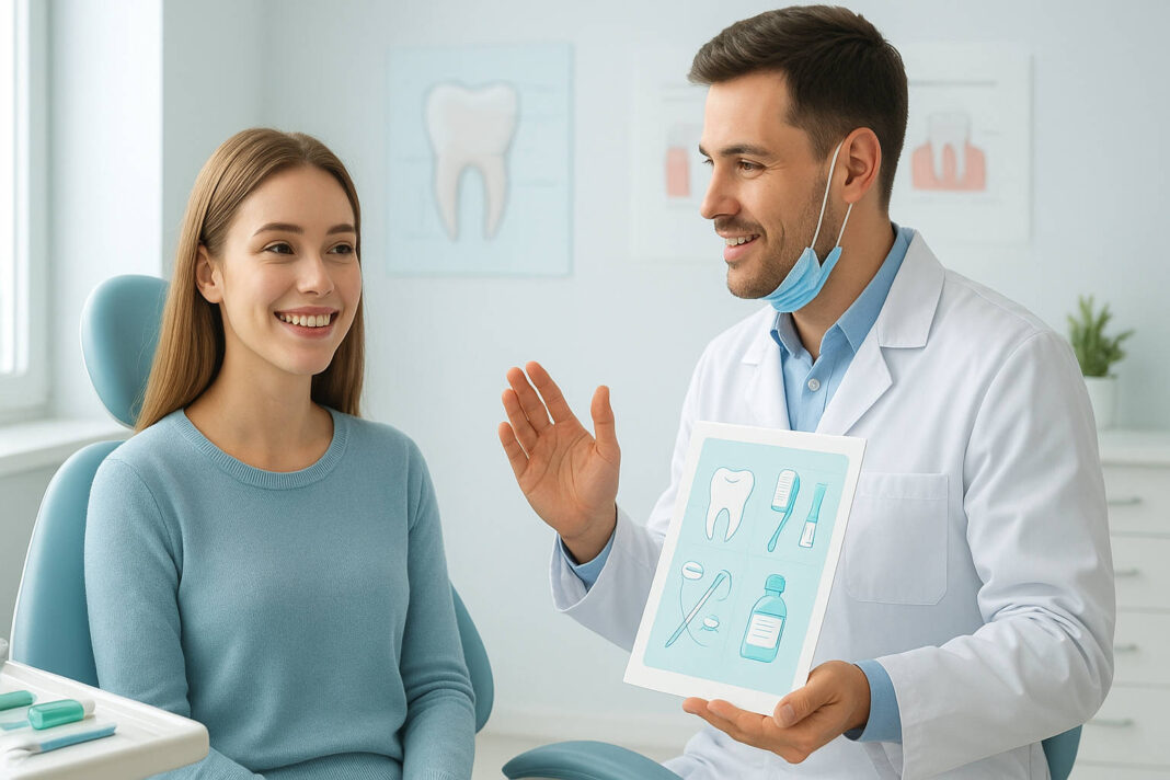 Kobieta u dentysty ze zdrowym uśmiechem po skalingu, usuwaniu kamienia