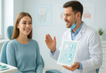 Kobieta u dentysty ze zdrowym uśmiechem po skalingu, usuwaniu kamienia